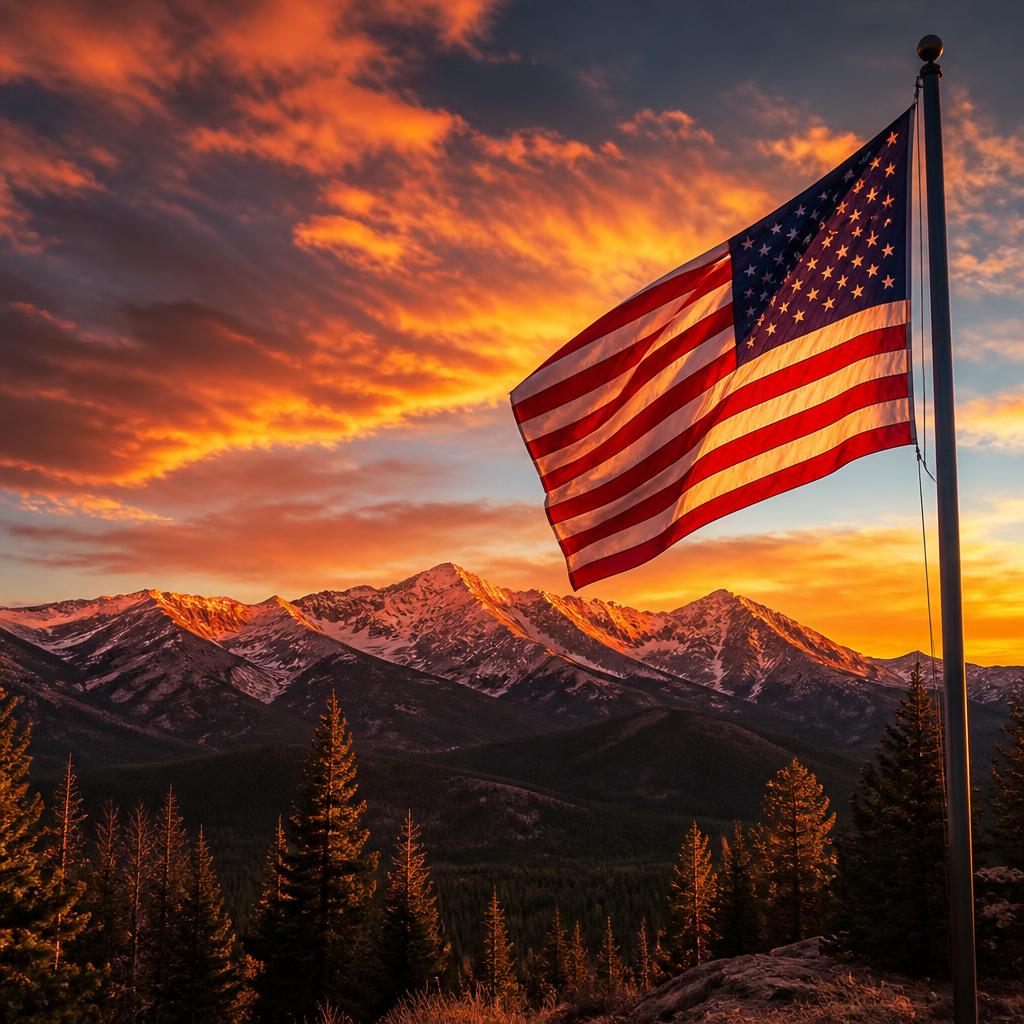 Colorado Rocky Mountains at sunset with an American flag — TruLee Electric proudly serving Colorado.